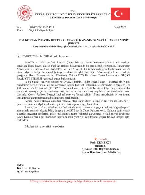 RDF Kontamine ATY Lisans Kodları Belgesi