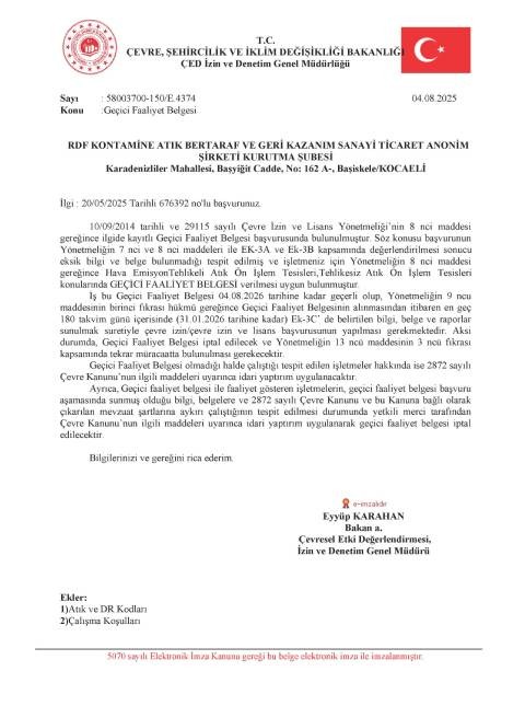 RDF Kontamine Kurutma Lisans Kodları